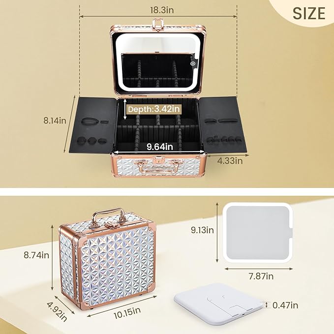 Makeup Train Case with Magnetic LED Mirror Makeup Organizer Box Travel Cosmetic Case with 3 Colors LED Mirror Portable Vanity Make up Suitcase with Lockable Keys Dividers Brush Holder, Silver