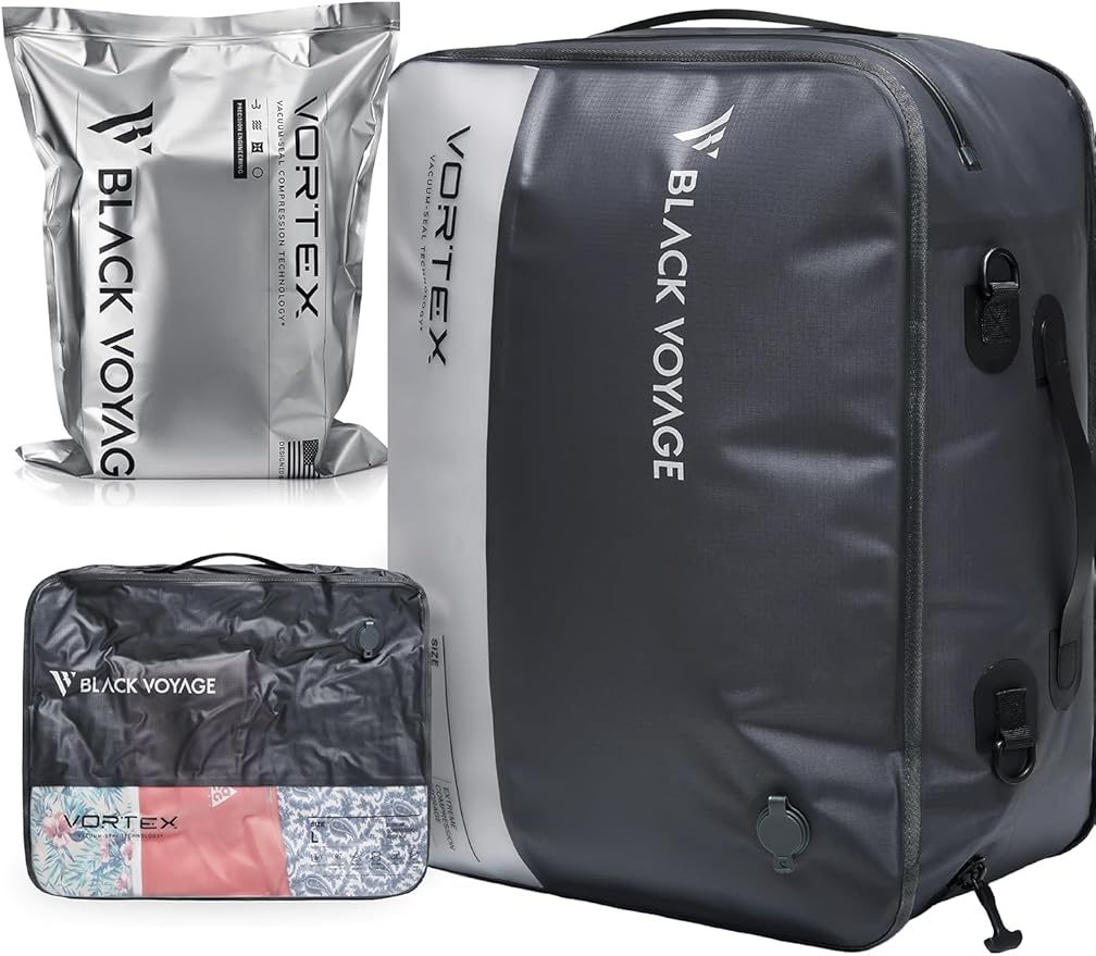 Black Voyage Reusable Vacuum Compression Travel Bag for Carry-On Suitcase and Backpack, Recycled IP67 Waterproof Space Saver Vacpack (1-Pack, 41L - No Pump)