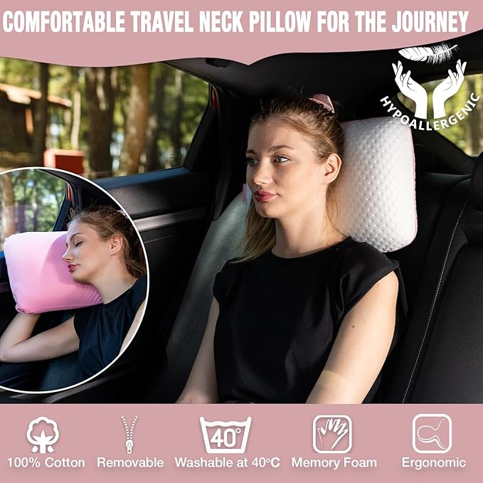Travel & Camping Comfortable Memory Foam Pillow – Easy to Carry Portable Bag – Temperature Regulating Pillow Case (Pink + Extra Cover)
