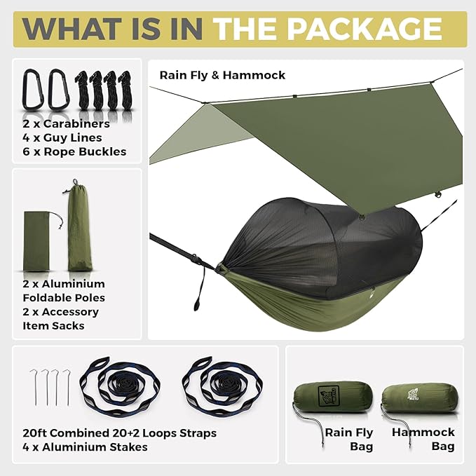 Miztli Camping Hammock -Portable Hammock w/Spacious Net & Tree Straps w/Adjustable Loops, Double and Single Hammock for Outdoor, Indoor, Hiking and Travel
