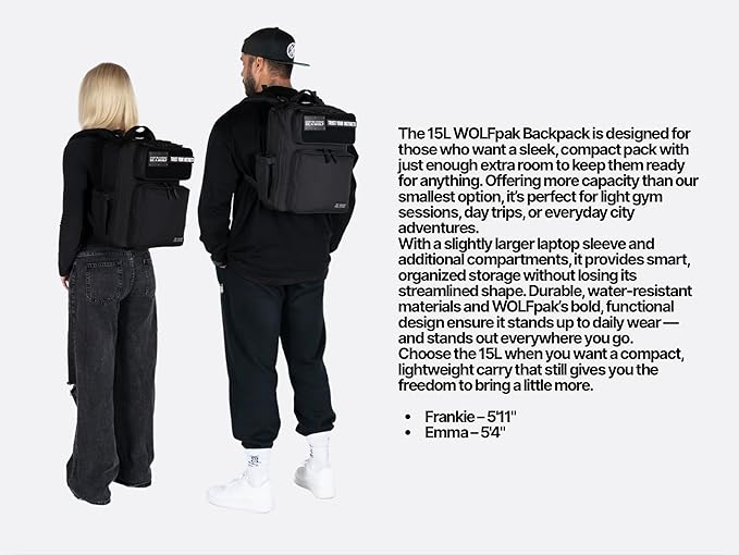 WOLFpak 15L Backpack - Alpha Black White Accents - Slim Everyday Carry Backpack for Men & Women, Water-Resistant Minimalist Daypack for Laptop & Travel
