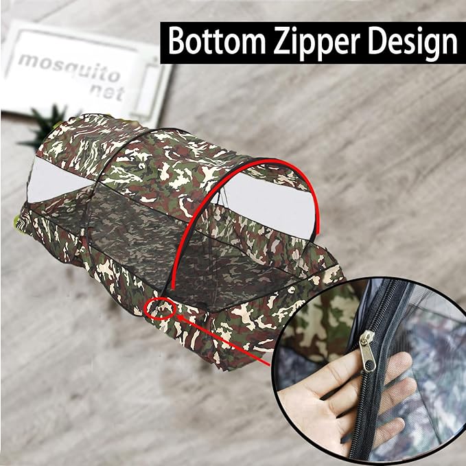 CMINGJ Portable Mosquito Net Foldable Pop-Up Travel Mosquito Net for Bed Free Installation-Suitable for Baby Adults Bedroom, Camping, nap, Patio (Extra Large-Bottom Zipper(Camouflage))