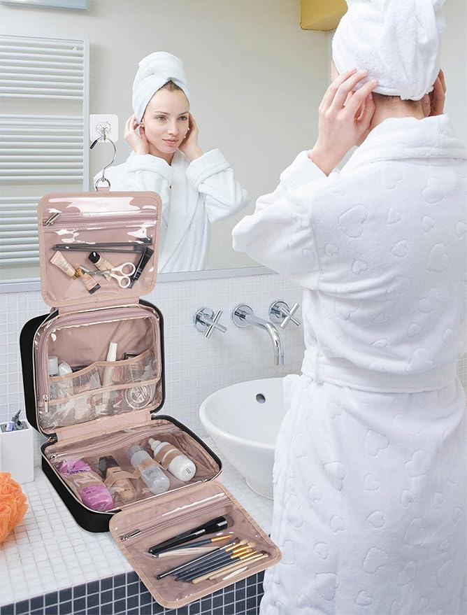 Black Toiletry Bag, Makeup Organizer, Travel Bag For Women Mens Toiletries, Waterproof with Hanging Hook, Large Capacity