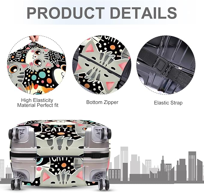 ANNA QUEEN Cute Cat Luggage Cover, Kawaii Cartoon Kitty Suitcase Protector with Colorful Polka Dot Design, Stretchable, Washable Travel Cover for 24-26 Inch Luggage