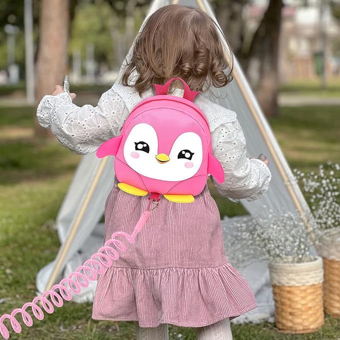 Accmor Toddler Harness Backpack Leash, Cute Penguin Kid Backpacks with Anti Lost Wrist Link, Mini Child Backpack Harness Leashes Walking Wristband Rope Travel Bag Harness Rein for Baby Girls (Pink)
