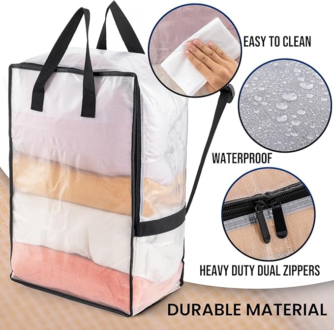 TAILI 4 Pack Clear Moving Bags w/Adjustable Backpack Straps, Moving Supplies, Moving Boxes Alternative, Heavy Duty Storage Totes for College Packing, Camping Backpack for Travel, Dorm, Laundry