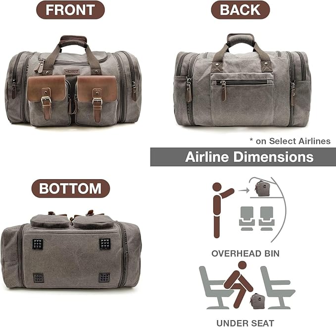 Wildroad 60L Travel Duffel Bag, Expandable Canvas Genuine Leather Duffle Bag Upgraded Overnight Weekender Bag Carry on Bag