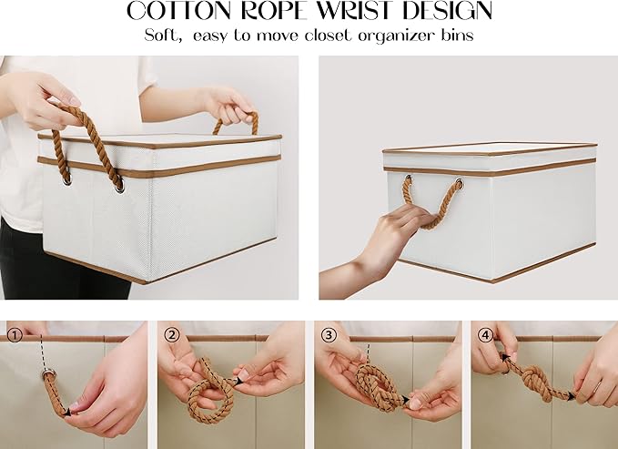 LoforHoney Home Fabric Storage Bins with Lids for Organizing, Foldable Closet Storage Boxes for Shelves, Clothes Baskets with Cotton Rope Handles, Large, Beige & Brown, 4-Pack