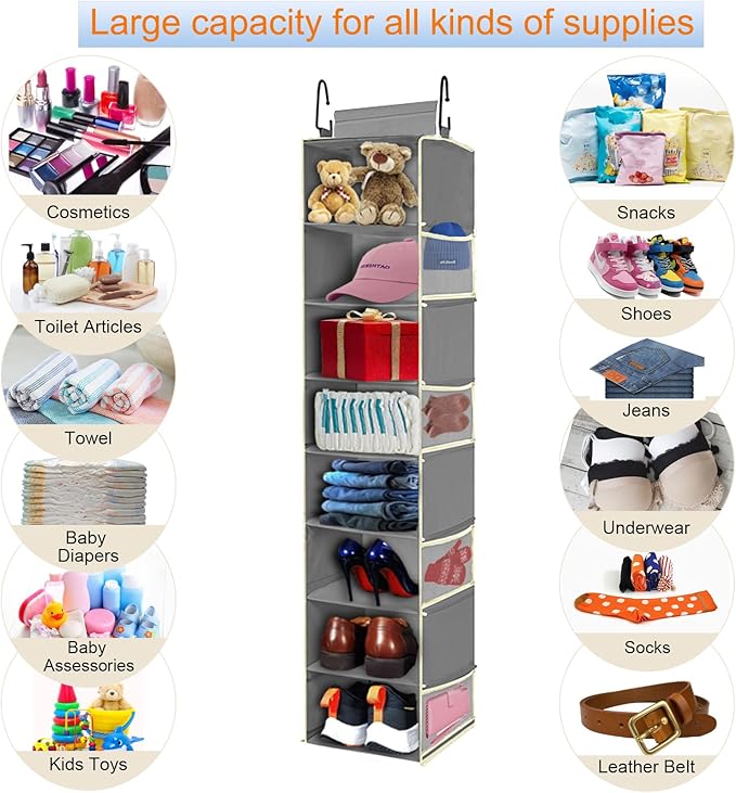 Large-Sized Hanging Shoe Organizer 8-Shelf, Hanging Closet Organizer with 8 Side Pockets, Wider Hanging Shelves for Storage Shoes Clothes 9" W × 11.8" D× 48" H, Grey