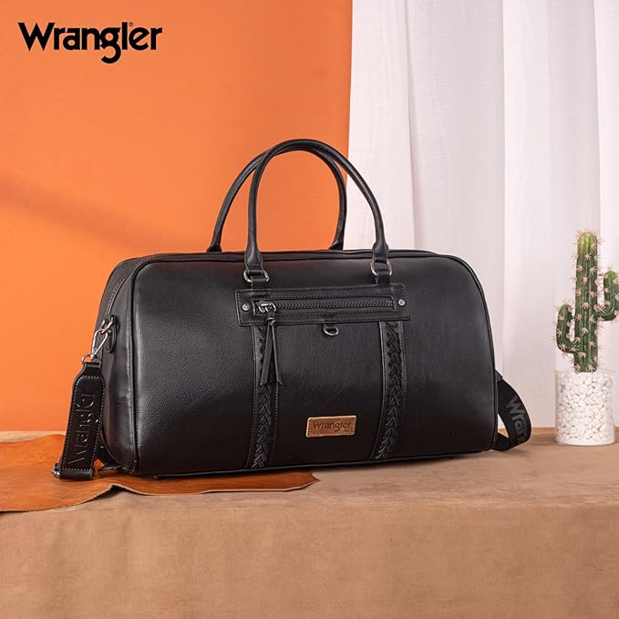 Wrangler Travel Duffel Bag Large Weekender Bag for Women Designer Carry on Overnight Bag for Trips Leather Luggage Bag Black