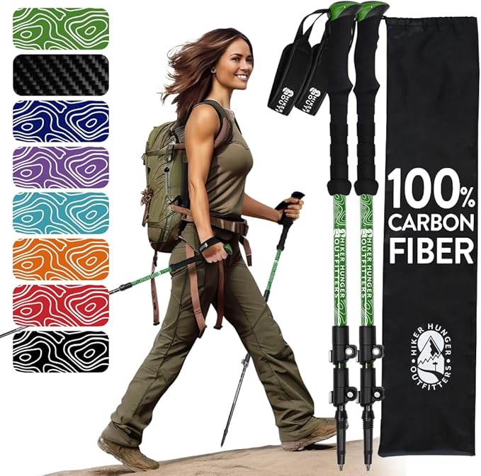 100% Carbon Fiber Trekking Poles by USA Brand - Ultra Strong Lightweight Collapsible Hiking Poles with Cork and EVA Foam Grips & Quick Adjustable Flip Locks