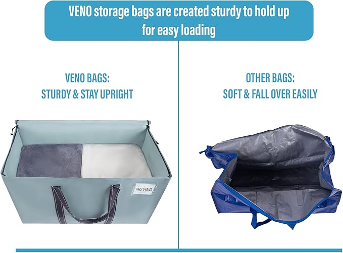 VENO 4 Pack Moving Bags, Heavy Duty, Moving Boxes Alternative, Packing Storage Supplies for Dorm Room Essentials with Zipper for Clothes, Extra Large Totes for Packaging (Light Blue Matte, 4 Pack)