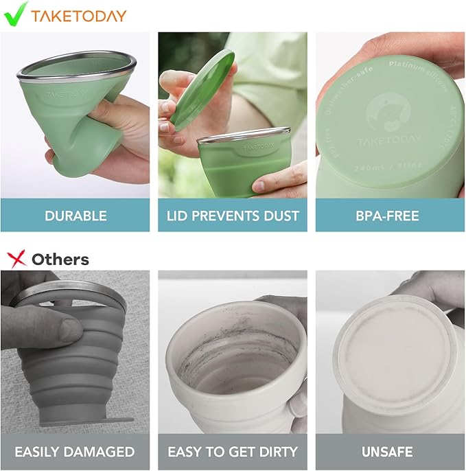 TakeToday Collapsible Travel Cup - Silicone Foldable Water Cup, BPA-Free with Lid & Waterproof Bag - Drinking Cup Set for Office, Camping & International Travel（8 Oz, Green）