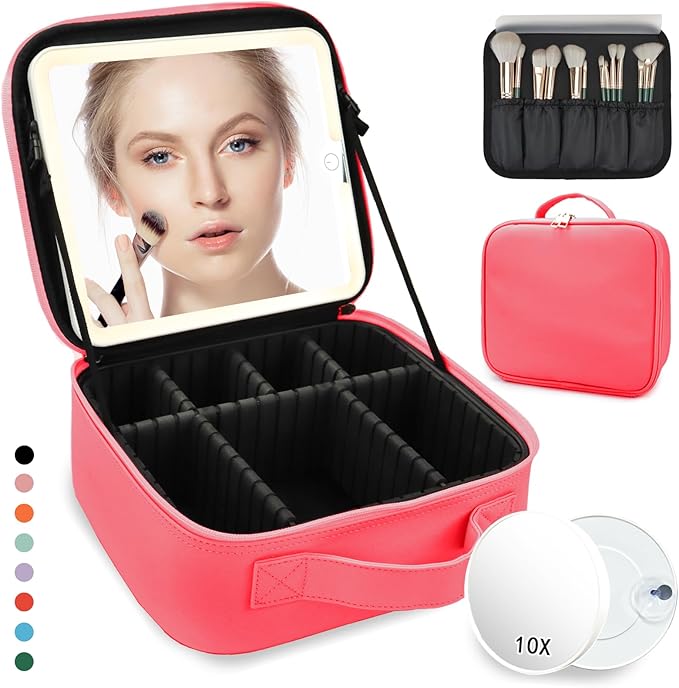 Travel Makeup Bag for Makeup Artists Large Makeup Case,with Mirror 3 Color Setting and Detachable 10x Magnifying Mirror Travel Makeup Bag,Portable Storage and Adjustable Dividers（light red）