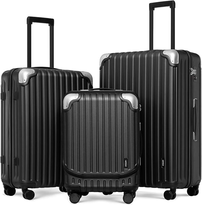 LEVEL8 Grace Luggage Sets Hardshell Suitcase with Wheels, Sturdy Large Suitcase Tsa Lock 20 Inch Expandable Carry on 24 Inch 28 Inch Checked Luggage, 3-Piece Set (20/24/28), Black