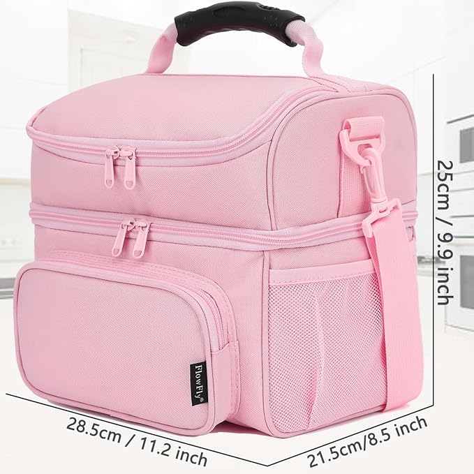 FlowFly Double Layer Cooler Insulated Lunch Bag Adult Lunch Box Large Tote Bag for Men, Women, With Adjustable Strap,Front Pocket and Dual Large Mesh Side Pockets