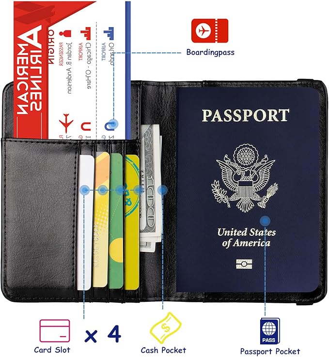 TOURSUIT RFID Blocking Passport Holder for Women Men, Leather Passport Travel Wallet with Metal 3D Metal Badge, Travel Document Holder Cover Accessories (Black)