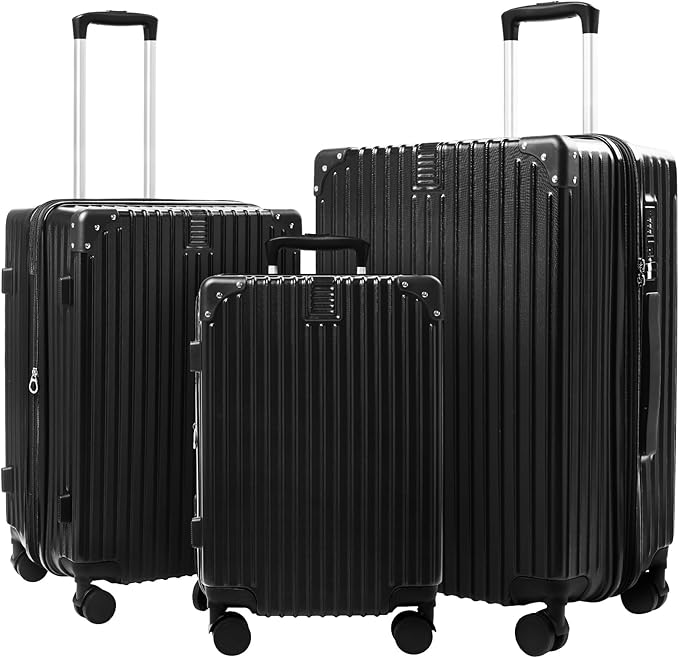 3-Piece Expandable Luggage Set Suitcase in Classic Black -Double Wheel Stability & Secure TSA Locks(20in24in28in)
