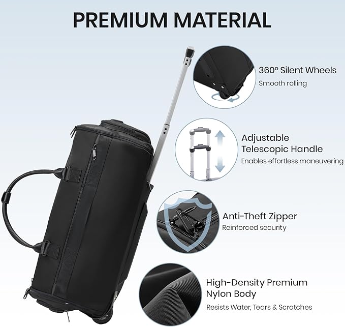 Fanwoli 3-in-1 Rolling Garment Bag for Travel, Wheeled Carry-On Luggage with Shoe Storage & Detachable Organizer, Wrinkle-Free Compartment for Suits/Dresses/Wedding Gowns, Fits Most Airline Size
