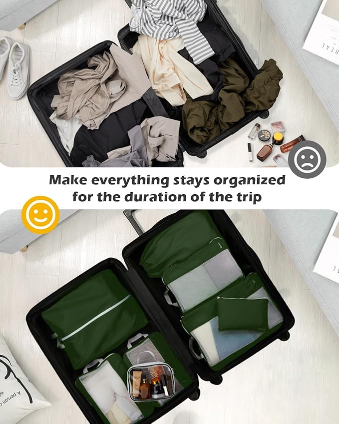 Gonex 8 Set Compression Packing Cubes for Travel, Expandable Mesh Packing Organizer for Travel Accessories Essentials with Toiletry Bag, Laundry Bag, Shoe Bag, Cable Bag for Carry On, Deep Green