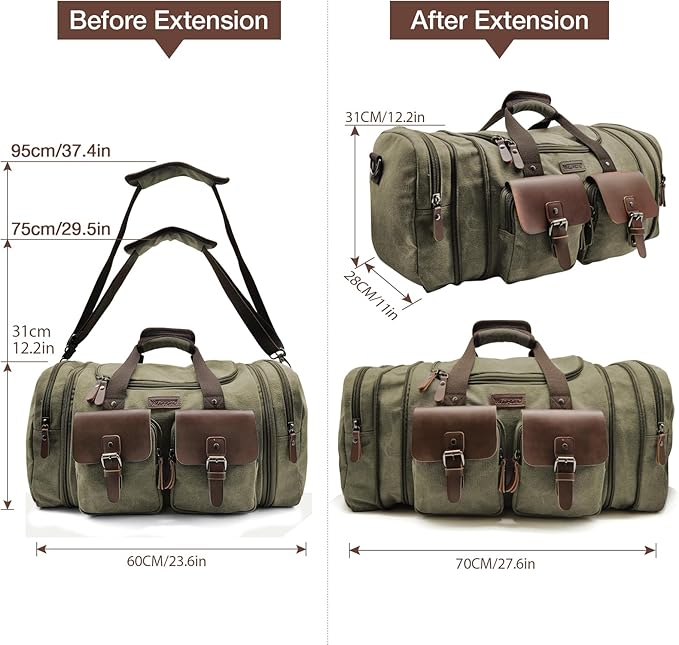 Wildroad 60L Travel Duffel Bag, Expandable Canvas Genuine Leather Duffle Bag Upgraded Overnight Weekender Bag Carry on Bag