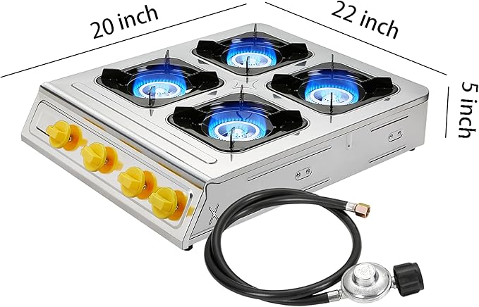 Vivicreate 4 Burner Propane Gas Stove 40000 BTU Stainless Steel Cooktop with Enamel Pan Support Electronic Ignition for Camping Outdoor Cooking BBQ Estufa de Gas Portátil Fogón de Gas
