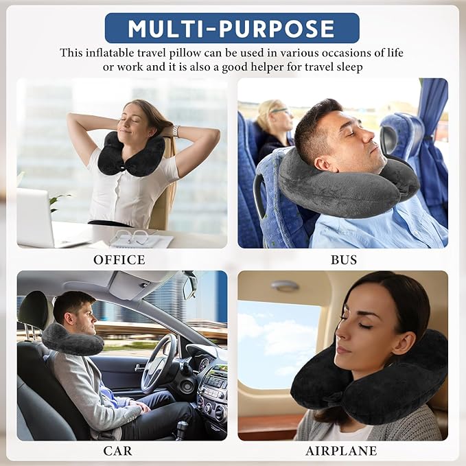Sintuff 2 Pack Inflatable Travel Pillow for Airplanes Inflatable Neck Flight Pillows with Compact Bag and Blindfold for Traveling, Airplane, Train, Car, Office (Blue and Dark Gray)