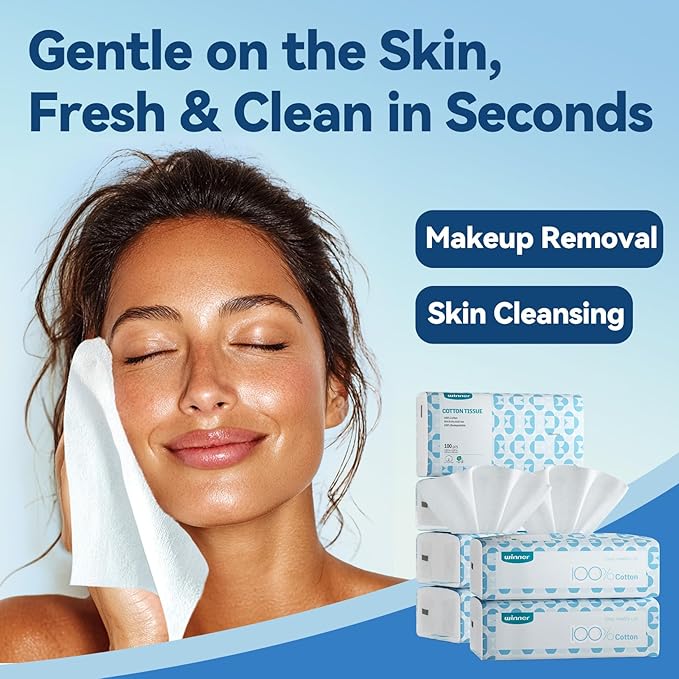 Winner Soft Face Towels, 100% USDA Biobased Facial Towels, Unscented Cotton Tissues for Sensitive Skin, OEKO-TEX Certified Face Towelettes Disposable, Makeup Remover Dry Wipes, 600 Ct, 6 Pack