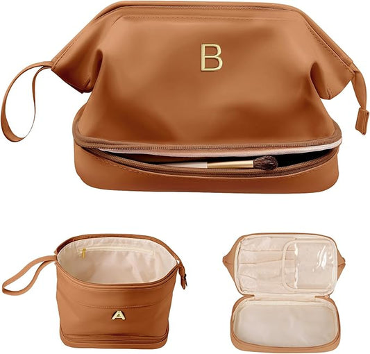 Teacher Gifts, Personalized Makeup Bag, Monogrammed Gifts, Initial Double Layer Cosmetic Bag with Makeup Brush Organizer, Travel Toiletry Bag, Gifts for Friends Female Mom, Teen Girl Gifts
