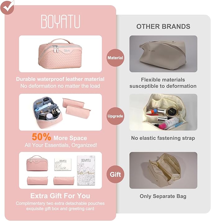 BOYATU Travel Makeup Bags for Women: Large Cosmetic Bag Waterproof - Vegan Leather Make up Bag Set of 3 - Compact Toiletry Organizer with Compartments & Handle & Divider (L02 Light Pink)