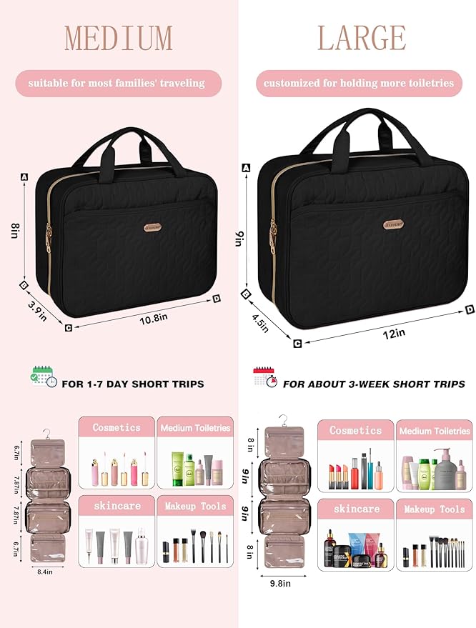Black Toiletry Bag, Makeup Organizer, Travel Bag For Women Mens Toiletries, Waterproof with Hanging Hook, Large Capacity