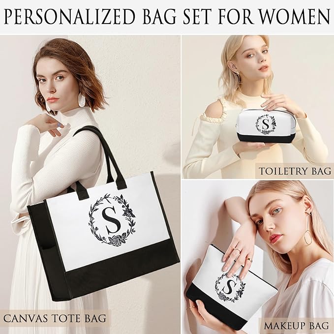 Personalized Christmas Gifts for Women, Initial Canvas Tote Bag & Makeup Bag Monogrammed Beach Tote Bags for Women w/Zipper, Birthday Gifts for Mom Her Sister Friend Girlfriend Wife Daughter Teacher