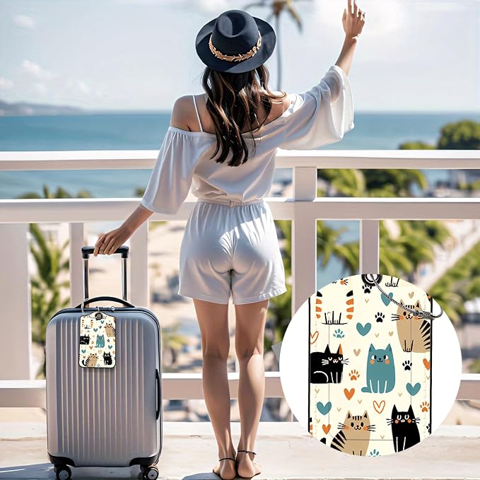 Luggage Tags for Suitcases, 2-Pack PU Leather for Cruise & Travel, Baggage ID Tags with Privacy Cover & Address Card, Durable Metal Ring, Kids Adults Travel Accessories, Kitty Love Pattern