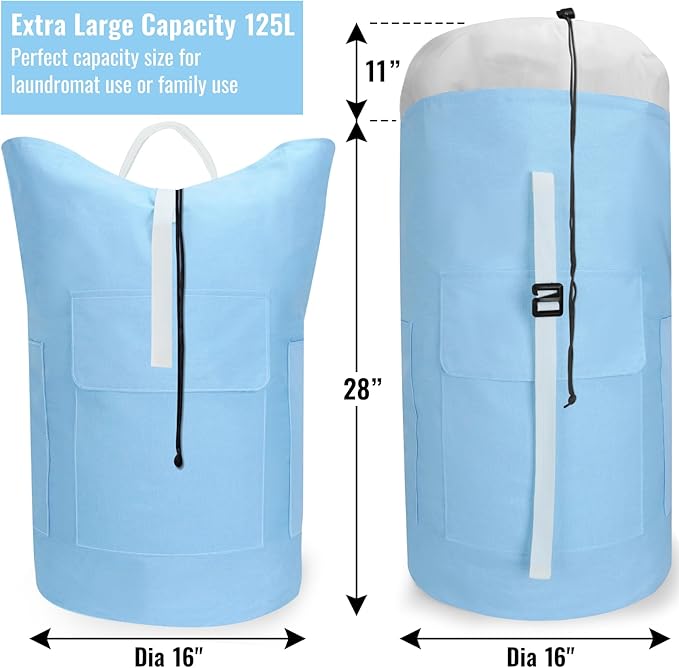 Laundry Bag Backpack, 125L Extra Large Travel with Shoulder Straps, Adjustable & Extendable Design, Laundry Hamper Bag with 3 Pockets for Laundromat, College, Travel, Camping (Light Blue)