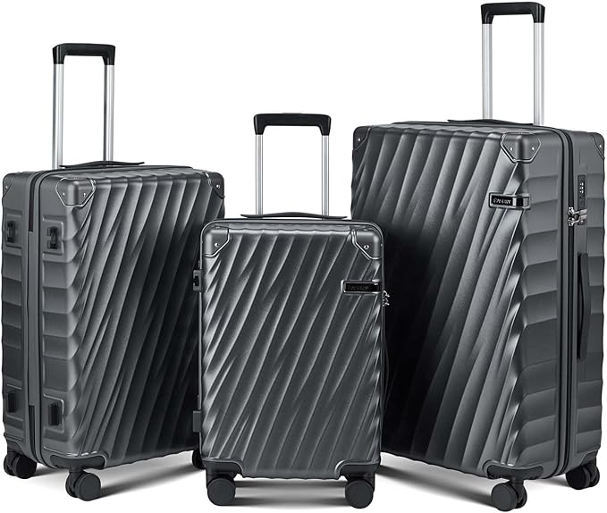 Luggage sets 3 piece with Spinner Wheels, PC Hard Shell Travel Luggage, Carry On suitcase with TSA Lock,YKK Zippers,Charcoal Metallic (Gray, 3 Piece Sets(20/24/28))