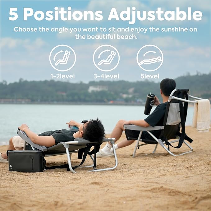 ICECO Backpacking Beach Chairs for Adults, 5 Positions Reclining, Heavy Duty Folding Beach Chairs, Portable Lay Flat Outdoor Chair with Cup Holder for Camping, Lawn, 350lb Capacity