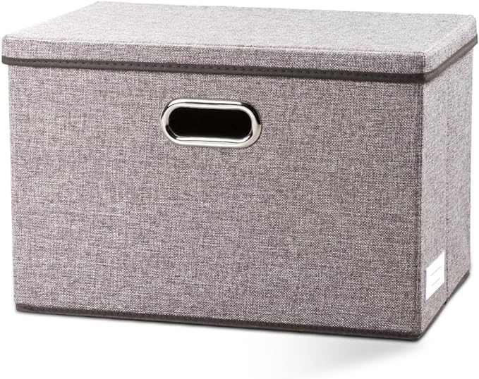 PRANDOM Large Foldable Storage Bin with Lid [1-Pack] Linen Fabric Decorative Storage Box Organizer Containers Basket Cube with Handles Divider for Bedroom Closet Office Living Room (17.7x11.8x11.8)
