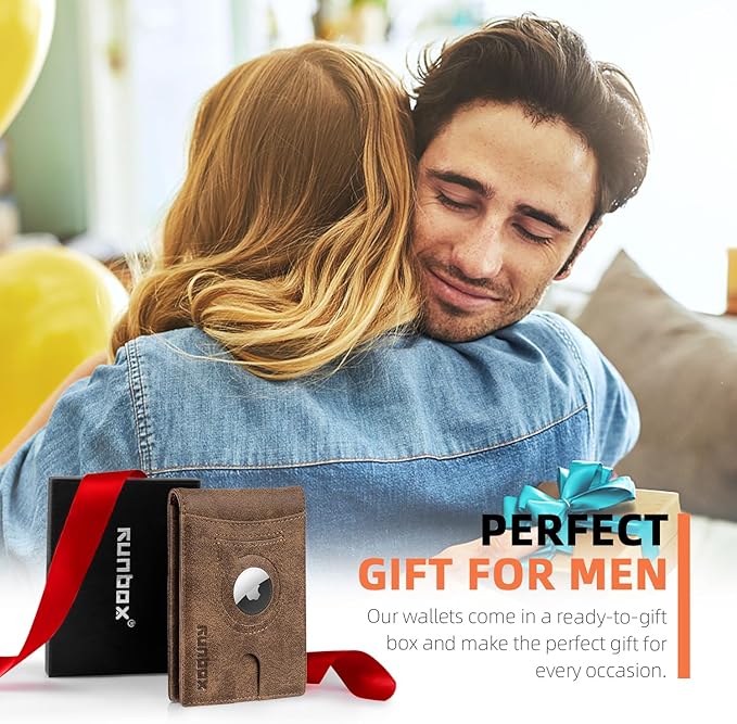 RUNBOX AirTag-Wallet-Mens-Slim-RFID Blocking Wallets Leather with Bill Compartment Air Tag Bifold Card Holder Wallet Gifts for Men Dad