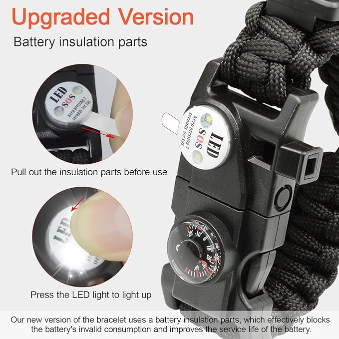 20 in 1 Survival Paracord Bracelet Adjustable Gear Kit with SOS LED Light, Fire Starter, Bigger Compass, Survival Whistle, Perfect for Camping, Hiking, Fishing