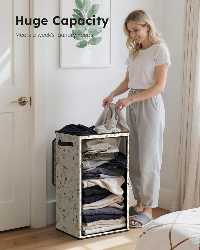 SOLEDI Laundry Hamper with Lid, 90L Tall & Large Floral Laundry Basket, Collapsible Clothes Hamper with Removable Bag, Dirty Hampers for Bedroom, Bathroom, Laundry Room