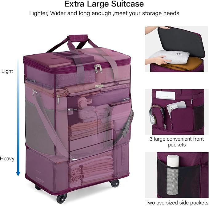 Hanke Expandable Collapsible Luggage with Wheels Suitcase Luggage Rolling Travel Bag Duffel Bag for Men Women Lightweight Suitcase Large Capacity Luggage with Spinner Wheel (Purple)