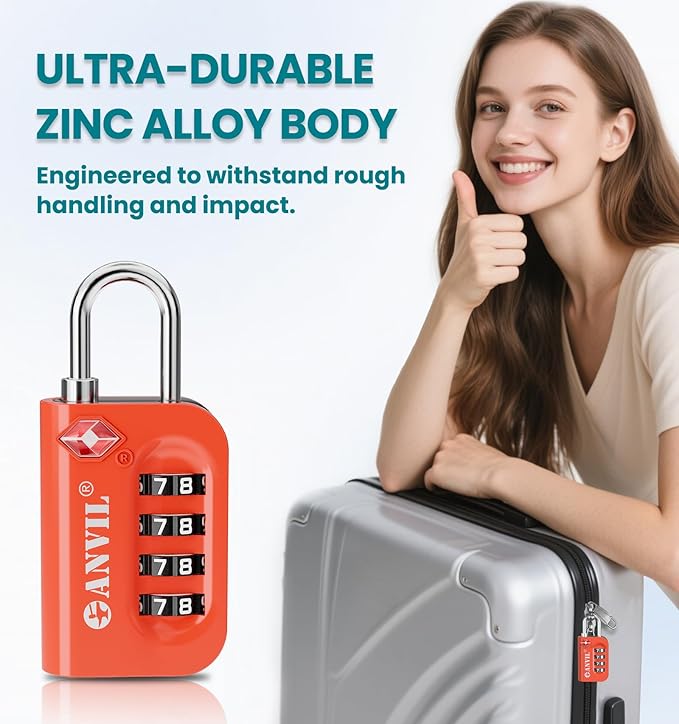 ANVIL TSA Approved Luggage Lock - 4 Digit Combination, 10,000 Combinations, Easy-Read Password Window, Travel Lock for Suitcases, Backpacks, Gym & Student Lockers, Baggage