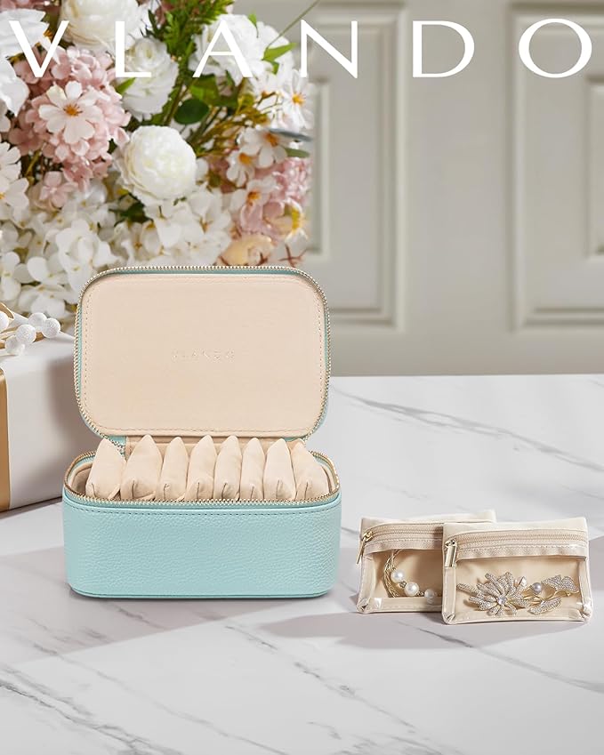 Vlando Jewelry Travel Organizer with 8 Velvet Jewelry Bags Travel Jewelry Storage Box Jewelry Case for Necklace Rings Earrings Trendy Christmas Birthday Graduate Gifts for Women-Lake Blue