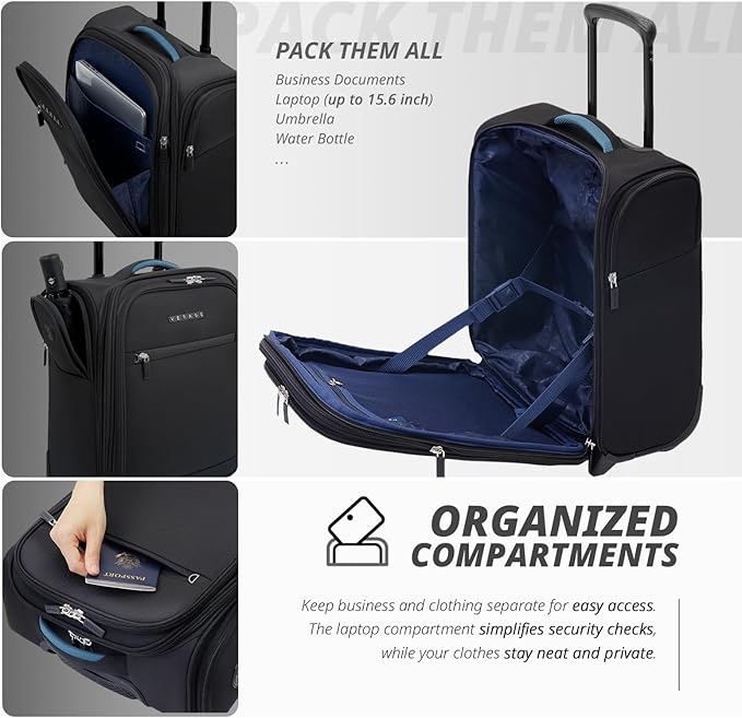 Verage Under Seat Luggage with Wheels, Softside Expanable Small Suitcase Carry On Luggage Bags for Airlines Airplanes Short Trip Men Women (Black, 16-Inch Rolling Underseat)