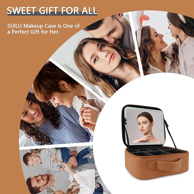 Makeup Bag with Led Mirror,Travel Makeup Organizer with 3 Color Setting, Portable Storage and Adjustable Dividers Travel Makeup Bag(light brown)