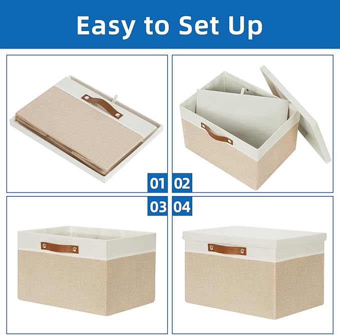 Temary Foldable Storage Bins with Lids, [2-Pack] Large Storage Baskets with Lid, Fabric Storage Bin for Organizing Home (White & Khaki, 15x11x9.5inch)