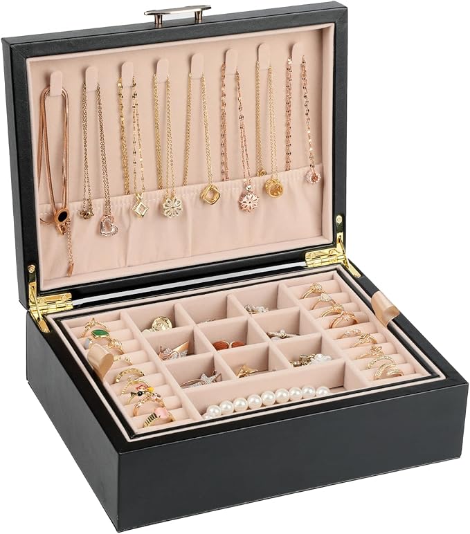 Small Jewelry Organizer for Women, 2-Layer Travel Jewelry Box with Portable Case, Necklace Ring Storage for Dresser, Girls Teens Gifts (Black)