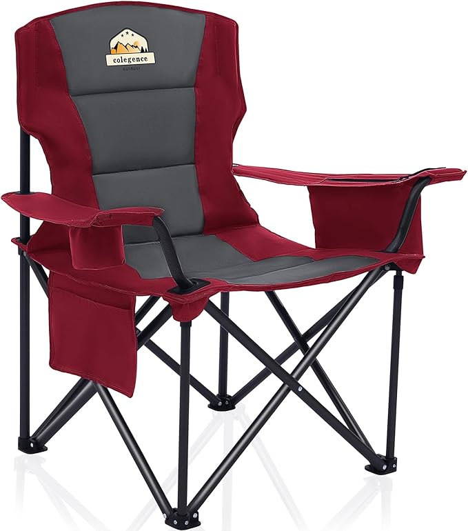Oversized Folding Camping Chairs - 450 LBS Support Heavy Duty Camp Chair with Padded Cushion, Portable Outside Chairs with Carry Bag，Cooler, Cup Holder for Outdoor, Lawn, Sports - Red
