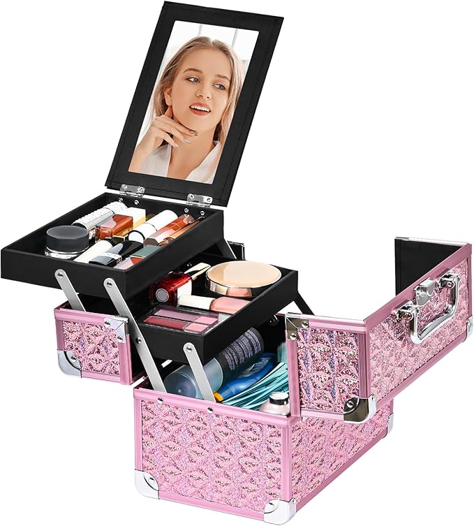 Makeup Case Organizer,Makeup Train Case, Trays Cosmetic Box Portable, Profesional for Salon Barber,Pink