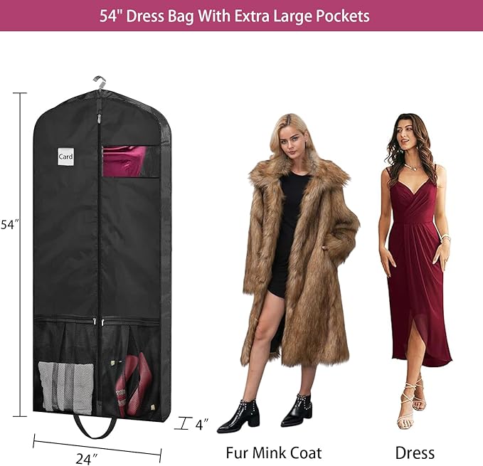 54" Garment Bags for Travel, 2 Pack Dress Bag for Hanging Clothes Storage with Pockets and Clear Window, 4" Dress Storage Bag for Long Coat, Jacket, Sweater, Shirts, Suits